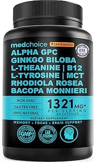 12-in-1 Nootropic Brain Supplement with Caffeine Anhydrous: Ginkgo Biloba for Brain Support, Memory and Focus - B12, Alpha GPC, L Theanine and Choline Supplements with Bioperine with 1321mg (60ct)