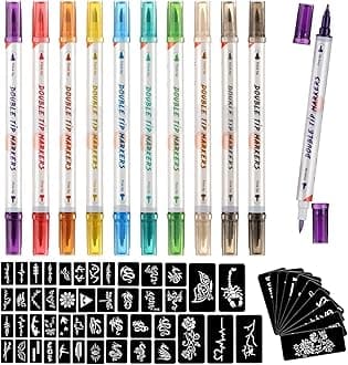 Temporary Tattoo Markers for Skin, 10 Body Markers + 56 Large Tattoo Stencils, Dual-End Tattoo Pens Make Bold and Fine Lines ZYH2208001KIT