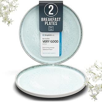 Stoneware breakfast & dessert plates set 2 pcs – Light beige & blue stylish cake plates – Dishwasher, microwave and scratch resistant – Small salad plates – Dinner service
