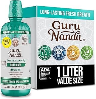 GuruNanda Fresh Breath Mouthwash, ADA-Accepted, Alcohol & Fluoride-Free, Sodium Chlorite, Essential Oils & Vitamins, 12-Hrs Fresh Breath, Wild Mint, 33.8 oz