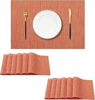 Leetaltree Orange Placemats Set of 12 - Heat Resistant Non-Slip Place mats for Dining Table, Washable Durable PVC Vinyl Woven Table Mats（Orange, 12）