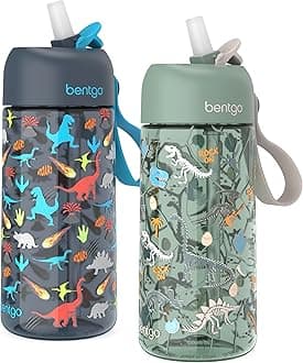 Bentgo Kids Water Bottle 2-Pack - Leak-Proof, Durable Tritan, BPA-Free 15 oz Cup for Kids/Toddlers 3+; Flip-Up Straw; Dishwasher Safe for School/Sports/Daycare/Camp (Dinosaur/Dino Fossils)