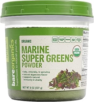 Marine Super Greens Powder – USDA Organic, Vegan, Gluten-Free, Non-GMO, BPA-Free, Superfood Powder with Organic Kelp, Spirulina & Chlorella - 8 oz