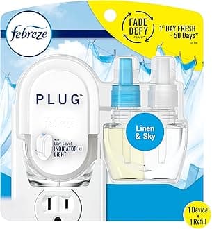 Febreze Plug In Air Freshener, Odor-Fighting Scented Oil Starter Kit, Air Fresheners for Home and Bathroom and Kitchen, Long Lasting for Strong Odors, Linen & Sky Scent, Warmer + 1 Refill