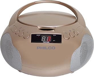 PhilcoPortable CD Player Boombox with Speakers and AM FM Radio | Rose Gold Boom Box CD Player Compatible with CD-R/CD-RW and Audio CD | 3.5mm Aux Input | Stereo Sound | LED Display