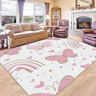 Kids Pink Butterfly Rug, Hearts Rugs for Living Room Bedroom, Rainbows Carpet, Pastel Home Decor, Washable Non Slip Low Pile Small Area Rugs, 80 x 150 cm