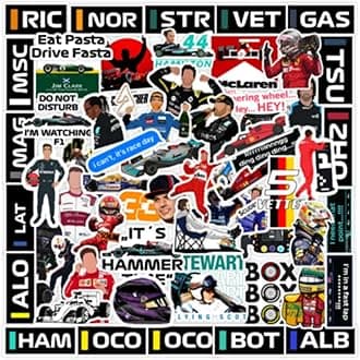 Pack of 60 F1 Formula One Racing Vinyl Self-Adhesive Stickers for Laptop, Journal, Diary, Guitar, Mobile Case - Waterproof Residue Free Multicolor Stickers - 3 Inches for Metal, Glass