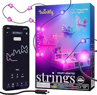 Strings USB-C Heart 200 LED, Heart-Shaped LED Light String, Christmas Lights, RGB Multicolor LED Lights, Mappable LEDs, Compatible with Alexa, Google Home, USB-C Power, Green Wire, 12m