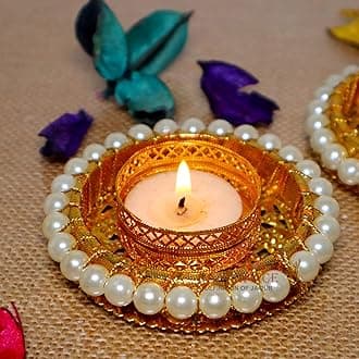 Jaipur Ace Decorative Diwali Tealight Diya | Handmade Round Pearl Tealight/Candles Set for Home Decoration | Floor Decoration for Ganesh Chaturthi Laxmi Pooja (Set of 2)