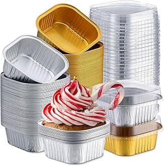 Aoriher 150 Pieces 10 oz Square Mini Cake Pans with Lids, Aluminum Foil Brownie Baking Cups, Disposable Ramekins Cupcake Cups Baking Tins for Kitchen Pudding Desserts Holders(Golden, Silver)