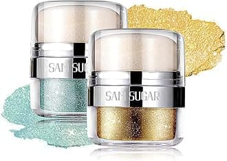 Body Shimmer Powder, 2PCS Body Glitter Powder with Sponge Head, 3D Contour & Long Lasting Luminous, Glow Highlighter Makeup for Face, Eyes, Hair, Perfect for Daily, Party (Cyan/Gold)