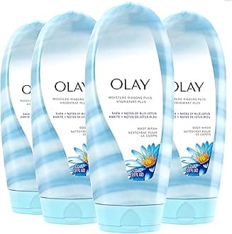 Olay Moisture Ribbons Plus Shea + Blue Lotus Body Wash, 18 Fl Oz, Pack of 4