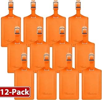 Travelambo 12 Pack Luggage Tags for Suitcases Privacy Protection Bag Tags Faux Leather Travel Accessories Essential, Hot Orange