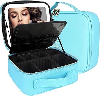 MOMIRA Travel Makeup Bag with Lighted Mirror, Adjustable Brightness in 3 Color Scenarios, Waterproof Makeup Train Case, Gift for Women, More than 20 Colors, Diamond Blue, Small, Integrated
