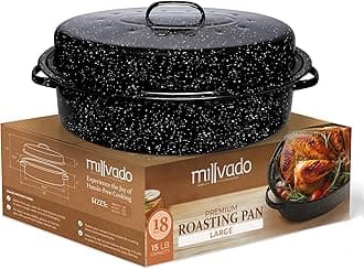 Roasting Pan With Lid, Turkey Roaster Pan, Extra Large 15 lb Capacity, 18" Granite Oven Roaster Oval Shaped Speckled Enamel on Steel Cookware