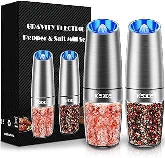 Sweet Alice Gravity Electric Pepper and Salt Grinder Set, Salt and Pepper Mill & Adjustable Coarseness, Battery Powered with LED Light, One Hand Automatic Operation, Stainless Steel (Set/Silver)