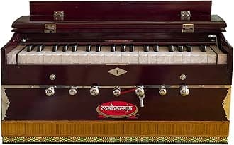Harmonium by Maharaja Musicals - 3 1/4 Octave, Double Reed, Coupler, 7 Stop, Book, Bag, A440 Tuned, Mahogany Indian Musical Instrument,Harmoniums Baja Baaja Vaja (PDI-DB)