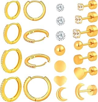 925 Sterling Silver Cartilage Helix CZ Huggie Earrings-Surgical Steel Earrings Set for Multiple Piercing Hypoallergenic,14K Gold Plated Flatback Small Hoop Stud Earrings Pack,Titanium Heart Ball Moon Dot CZ Stud Earrings for Women Men