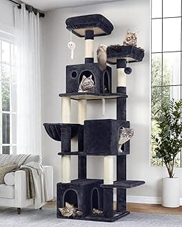 Globlazer Cat Tree Tall, 71 inches Cat Tower for Indoor Adult Cats Multi-Level 3 Condos for Indoor Cats XL Cat Tree Tower with Scratching Posts, Soft Extra Large Hanging Basket, F71, Dark Gray