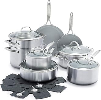 Venice Pro Tri-Ply Stainless Steel Healthy Ceramic Nonstick 13 Piece Cookware Pots and Pans Set, PFAS-Free, Multi Clad, Induction, Dishwasher Safe, Oven Safe, Silver