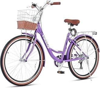 Viribus Women's Comfort Bike, 61 cm 7 Speed Bicycle for Women, 24 Inch Beach & City Cruiser Bike with Shimano Derailleur Rattan Basket Steel Rack, Step Through Bike for Women Adults Youth