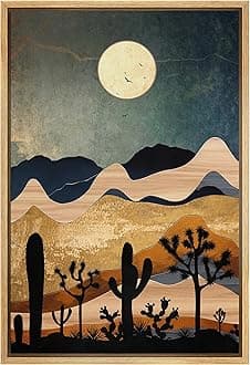 SIGNFORD Framed Canvas Print Wall Art Joshua Tree Cactus Moonlight Desert Nature Wilderness Illustrations Decorative Bohemian Rustic Mid-Century Modern Desert Landscape for Bedroom - 16"x24" Natural