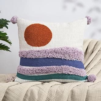 haus & kinder Cotton Decorative Embroidered Cushion Cover | 210 TC Knitted Chambray Front Throw Pillow Cushion Cover | 16Inch X 16Inch | Sun and Waves