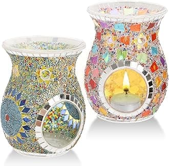 Lyellfe 2 Pack Essential Oil Burner, Fragrance Oil Warmer, Decorative Tealight Candle Holder, Incense Aromatherapy Oil Diffuser, Scented Wax Warmer for Gift Home Table Decor, Mosaic Glass