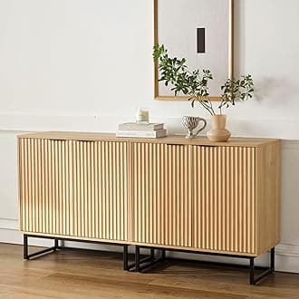 EYYTHUNG Fluted Storage Cabinets Set of 2, Sideboard Buffet Cabinet Modern Accent Cabinets with Adjustable Shelves, Credenza, Console Table Entryway Cabinet for Living Room, Natural Oak