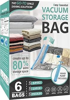 Cozy Essential 6 Pack Vacuum Storage Bags, Space Saver Bags (2 Jumbo/2 Large/2 Medium) Compression Storage Bags for Comforters and Blankets, Vacuum Sealer Bags for Clothes Storage, Hand Pump Included