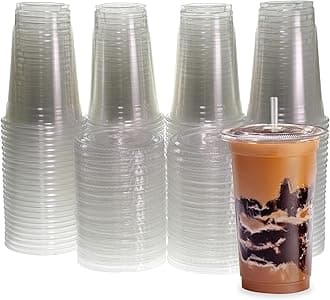 Freshware 20 oz Clear Disposable Plastic Cups with Flat Lids and Straws, 100 Pack Clear Plastic Cups Tumblers, Heavy-duty Party Glasses, Disposable Cups for Thanksgiving, Halloween, Christmas Party