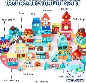 VigorFun Wooden Blocks - 100 Pcs - Building Blocks for Toddlers - Includes Stackinig Mannul - Little City Builder Wood Blocks - Preschool Learning Toys Stacking Block