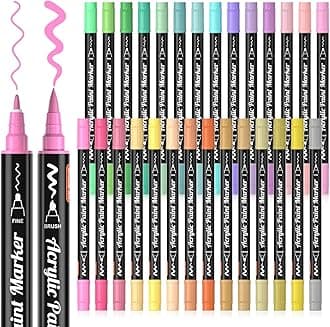 Shuttle Art Dual Tip Acrylic Paint Pens, 28 Pastel Colours Fine & Brush Paint Marker Pens, Paint Pens for Rock Painting, Ceramic, Wood, Fabric, Art Marker Pen Set for Kids Adults on Christmas Easter
