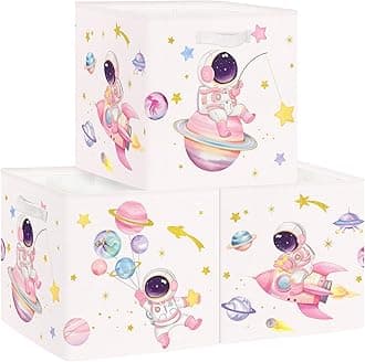 Clastyle Pink Cosmic Space Rocket Kid Storage Basket Set Astronaut Star Foldable Closet Clothes Organizer Nursery Toddler Toy Bin Girl Book Shelf Basket