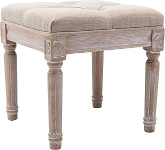 Chairus Square Ottoman Bench with Button Tufted Seat and Rustic Wood Legs, Fabric Small Vanity Stool for Bedroom Living Room, 15.75", Beige