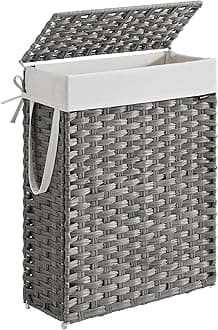 SONGMICS Laundry Hamper, Slim, 55L, Synthetic Rattan, with Lid, Handle, Foldable, Removable Laundry Bag, Dove Gray LCB164G01