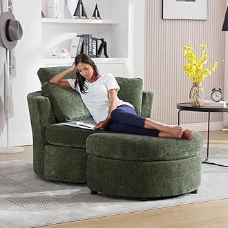 Chair and A Half with Ottoman, 360° Swivel Chair Modern Circle Round Love Seat Sofa Couch Set Big Comfy Accent Barrel Chairs Living Room Bedroom Lounge Reading Corner Furniture with 4 Pillows (Green)