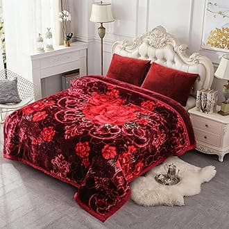 JML Raschel Mink Throw Blanket Korean Style King Size 85 x 93 Inch Thick 10 lbs A&B Print Soft Warm Winter Burgundy Rose