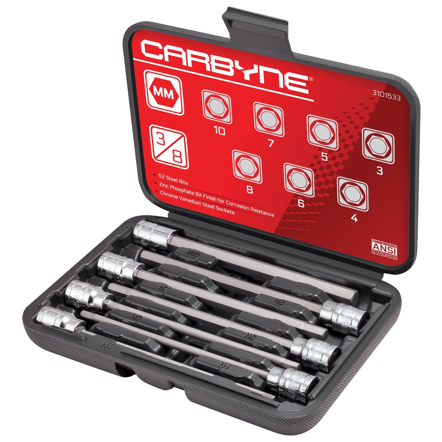 CARBYNE 7-Piece Metric Extra Long Hex (Allen) Bit Socket Set, 3mm to 10mm, 3/8 in. Drive, S2 Steel Bits, CrV Sockets, 6.1 in. Overall Length for Deep-Reach Access, Durable Storage Case
