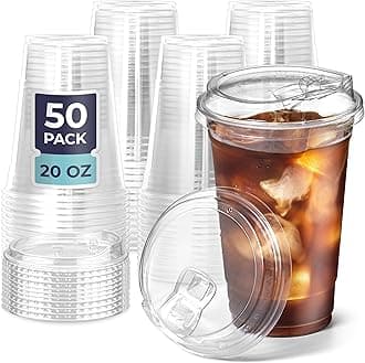 50 Pack 20 oz Clear Plastic Cups with Strawless Sip Lids, Disposable Plastic Coffee Cups with Lids, To Go Cups for Iced Coffee, Smoothies, Soda, Party Drinks, Bubble Tea, Cold Beverage