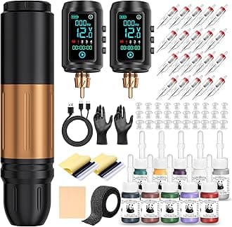 EMRICE Tattoo Gun Kit Wireless Tattoo Machine Pen Kit with 2Pcs Replaceable battery and 20 pcs Tattoo Cartridge Needles, 10 Ink Colors for Complete Tattoo Machine kit for Beginners (Black Gold)