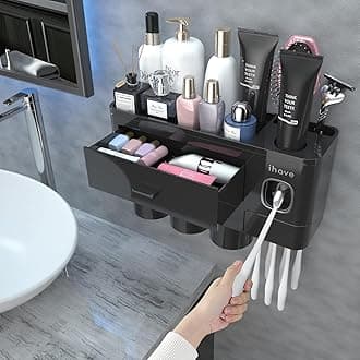 iHave Toothbrush Holders for Bathrooms, 3 Cups Toothbrush Holder Wall Mounted with Toothpaste Dispenser - Large Capacity Tray, Cosmetic Drawer - Bathroom Organizer & Bathroom Organization and Storage
