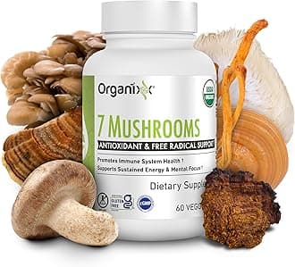 USDA Organic Mushroom Supplement, 7 Fermented Mushrooms – Lions Mane, Shiitake, Cordyceps, Turkey Tail, Reishi – for Immune & Digestion Support, 60 Vegetarian Capsules