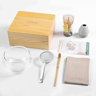 Bamboo Matcha whisk Kit, Matcha Tea Set, Bamboo Matcha Whisk and bowl (Chawan) Scoop (Chashaku), Chasen Holder, Tea Strainer (Sifter), Tea Towel in Wooden Case - Ideal Travel Matcha Ceremony Kit…