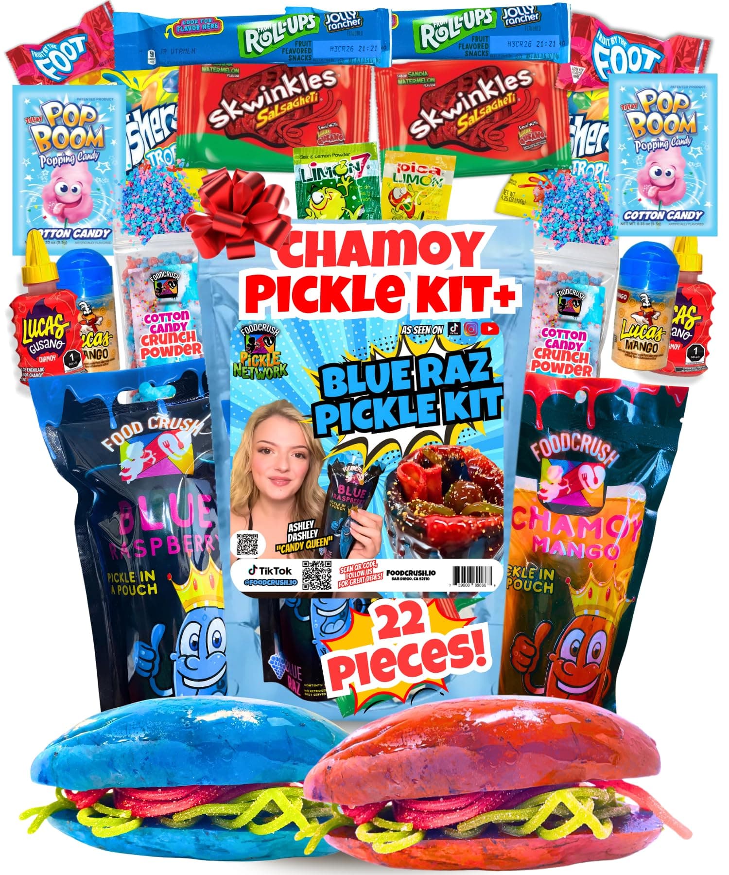Chamoy Pickle Kit for 2 + Blue Raspberry Pickle Kit - Comes in a Gift Box From Takis Blue Chips, Fruit Rolls and Other Mexican Sweet Treats. The Box of S