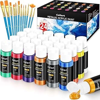 Caliart Metallic Acrylic Paint Set with 12 Brushes, 24 Colors (59ml, 2oz) Art Craft Paints for Artists Students Kids Beginners & Hobby Painters, Canvas Ceramic Wood Rock Painting Art Supplies Kit