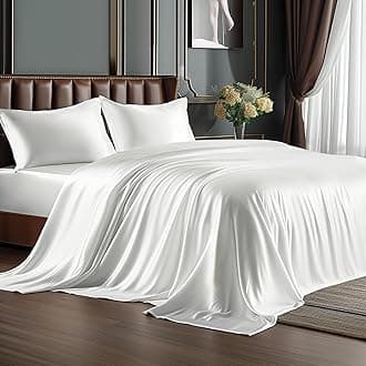 BEDELITE Satin Sheets Queen Size Bed Set, Luxury Soft White Silky Sheets for Hair and Skin, Similar to Silk Bed Sheets Set 4 Pieces （1 Deep Pocket Fitted Sheet, 1 Flat Sheet, and 2 Pillowcases）