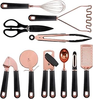 Kitchen Gadget Set Copper Plated Stainless Steel Utensils with Soft Touch Handles, Copper Black, 10 Pieces