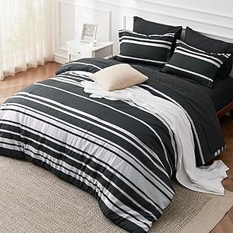 Full Comforter Set 7 Pieces, Black Striped Bedding Set for All Seasons, Reversible, Cationic Dyeing Bed in a Bag with Comforter, Sheets, Pillowcases & Shams