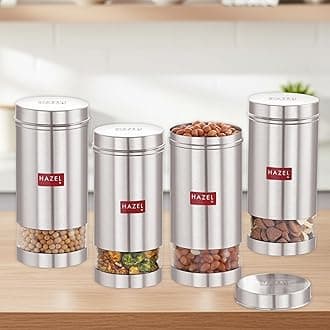 HAZEL Stainless Steel Transparent See Through Container, Silver, Set of 4, 1000 Ml